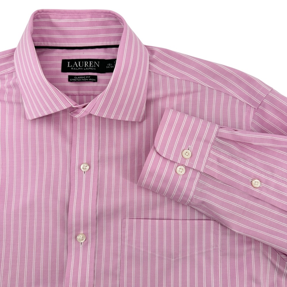Lauren Ralph Lauren Mens 15.5 34/35 Shirt Pink Striped Classic Stretch Non Iron